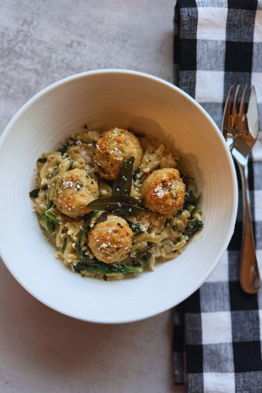 Sage Chicken Meatballs with Parmesan Orzo